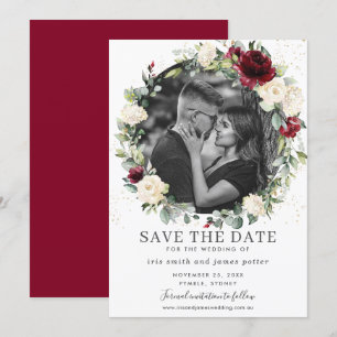 Burgundy Ivory Floral Photo Save the Date Card