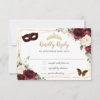Burgundy Ivory Floral Quinceañera Butterflies Mask