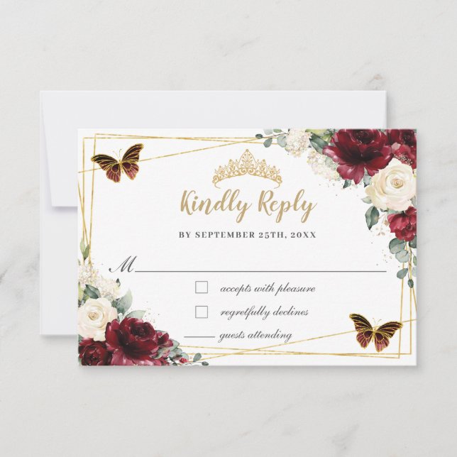 Burgundy Ivory Floral Quinceañera Butterfly Reply RSVP Card (Front)