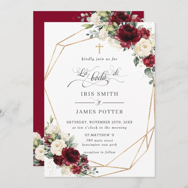 Burgundy Ivory Floral Roses Boda Spanish Wedding Invitation (Front/Back)