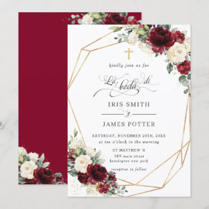 Burgundy Ivory Floral Roses Boda Spanish Wedding Invitation