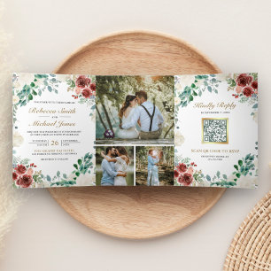 Burgundy Ivory Floral Sage Leaves QR Code Wedding Tri-Fold Invitation