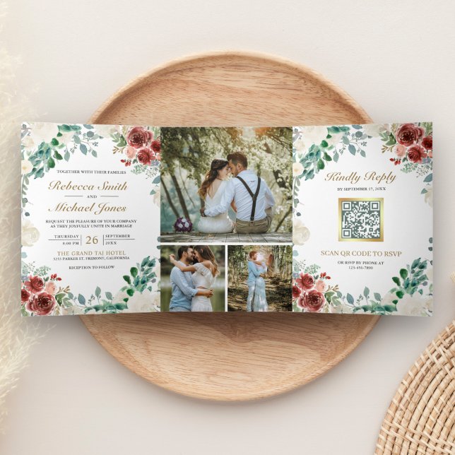 Burgundy Ivory Floral Sage Leaves QR Code Wedding Tri-Fold Invitation (Creator Uploaded)