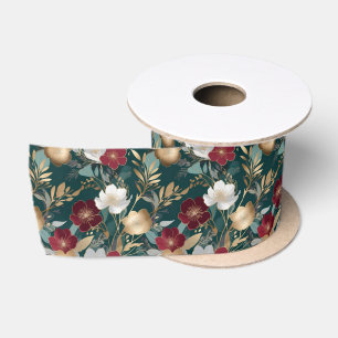 Burgundy Ivory Floral Teal Christmas Botanical Satin Ribbon