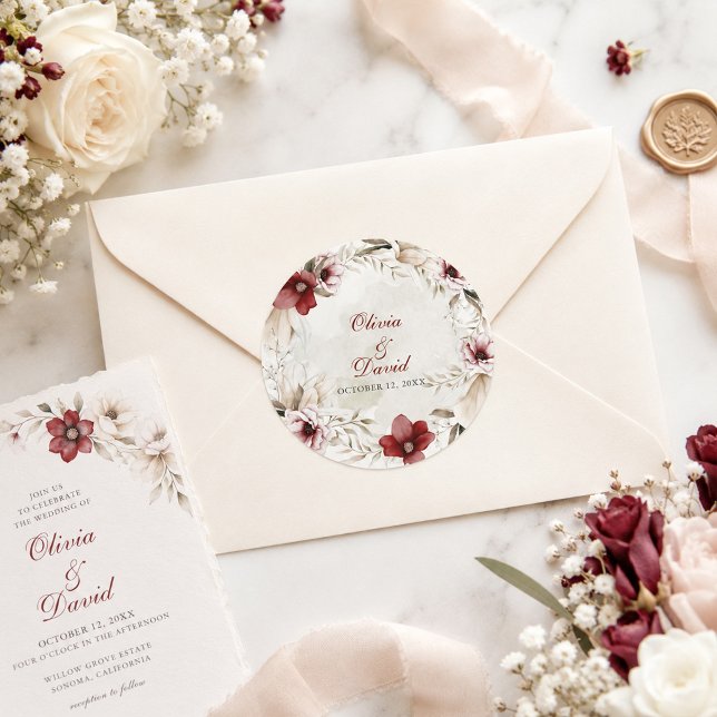 Burgundy Ivory Floral Wedding Envelope Sticker (Burgundy Ivory Floral Wedding Envelope Sticker)