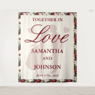 Burgundy Ivory Floral Wedding Fabric Banner Tapestry