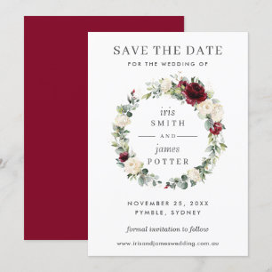 Burgundy Ivory Floral Wedding Save the Date Card