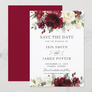 Burgundy Ivory Floral Wedding Save the Date Card