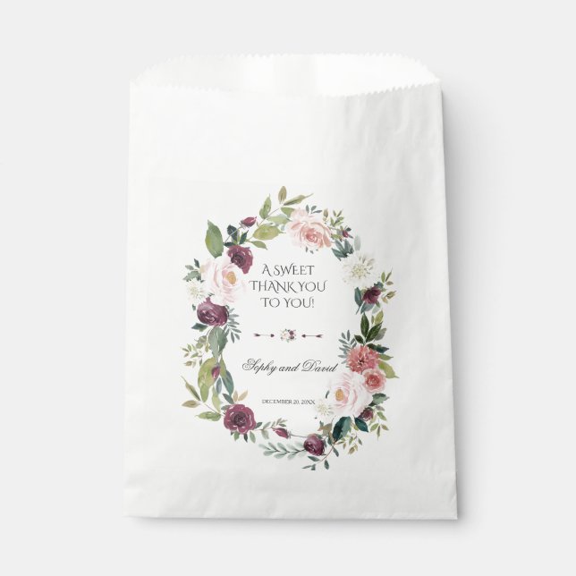 Burgundy Ivory Floral Wedding THANK YOU Favour Bags (Front)