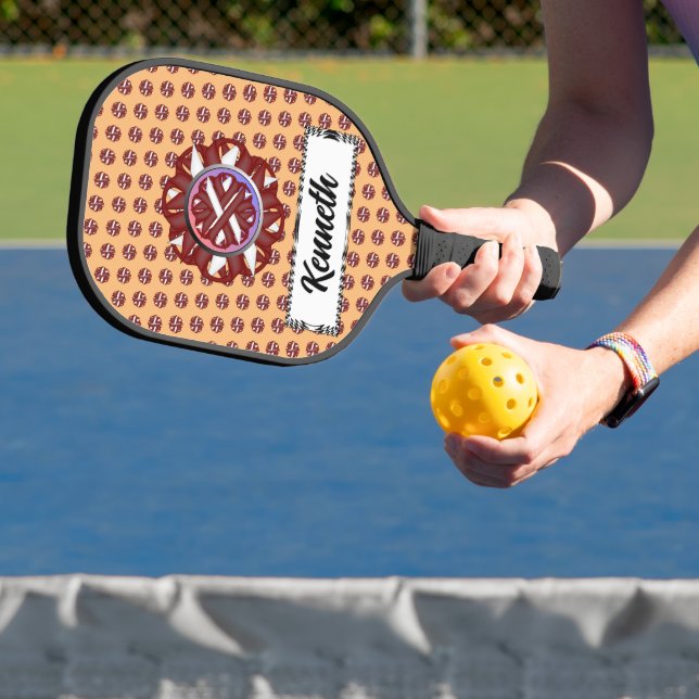 Burgundy-Ivory Flower Ribbon by Kenneth Yoncich Pickleball Paddle (Insitu)