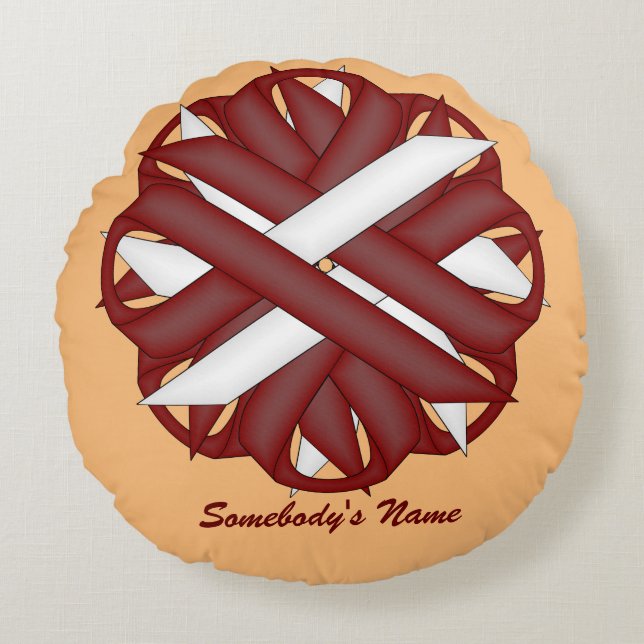 Burgundy-Ivory Flower Ribbon by Kenneth Yoncich Round Cushion (Front)