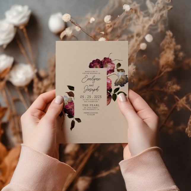 Burgundy Ivory Flowers Boho Chic Modern Wedding    Invitation (Creator Uploaded)