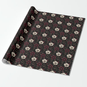 Burgundy & Ivory Flowers on Black Wrapping Paper