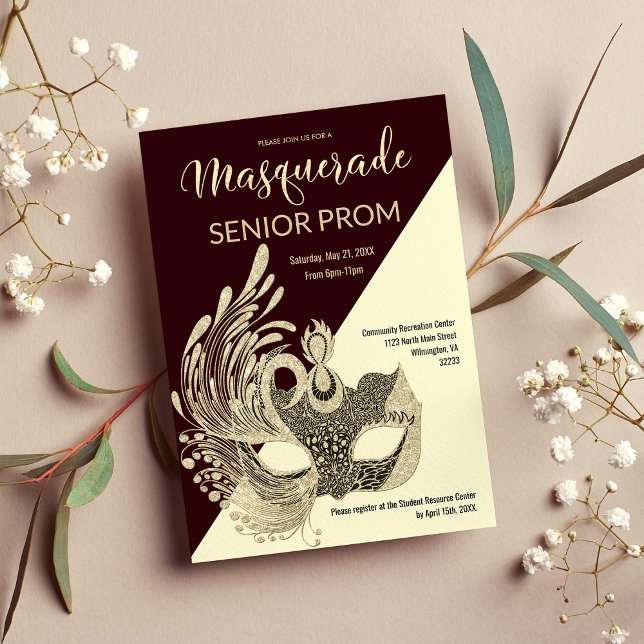 Burgundy Ivory Gold Glitter Masquerade Prom  Invitation (Burgundy Ivory Gold Glitter Masquerade Prom)