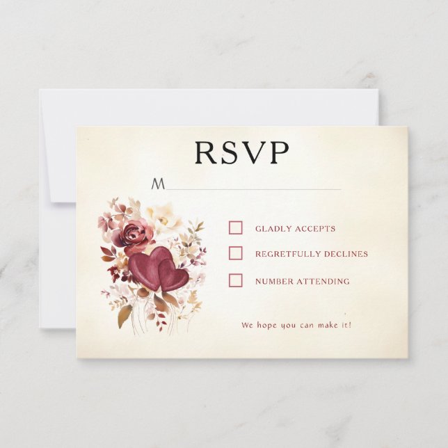 Burgundy & Ivory Hearts & Flowers Elegant RSVP Card (Front)