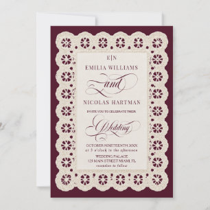 Burgundy Ivory Lace Monogram Old Money Wedding Invitation