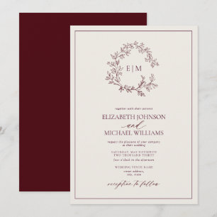 Burgundy Ivory Leafy Crest Monogram Wedding  Invitation