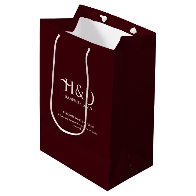 Burgundy & Ivory  Monogram Wedding Welcome Guest  Medium Gift Bag (Front Angled)
