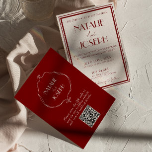 Burgundy Ivory Old Money Retro QR Code Wedding Invitation