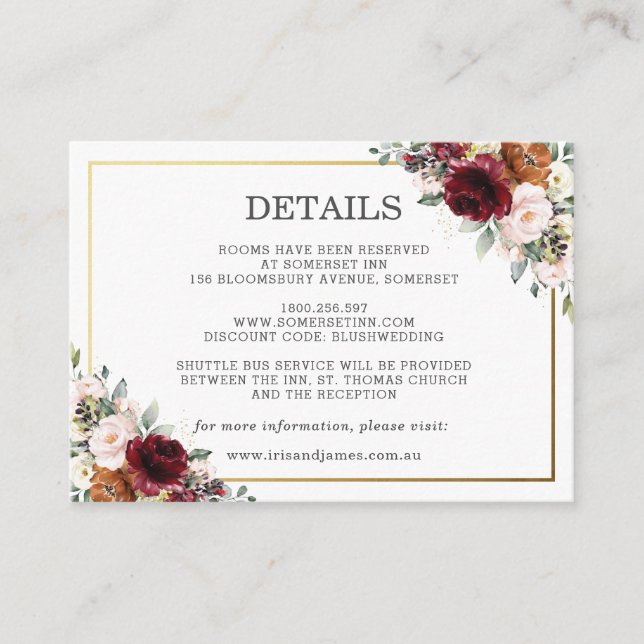 Burgundy Ivory Orange Floral Wedding Details Enclosure Card (Front)