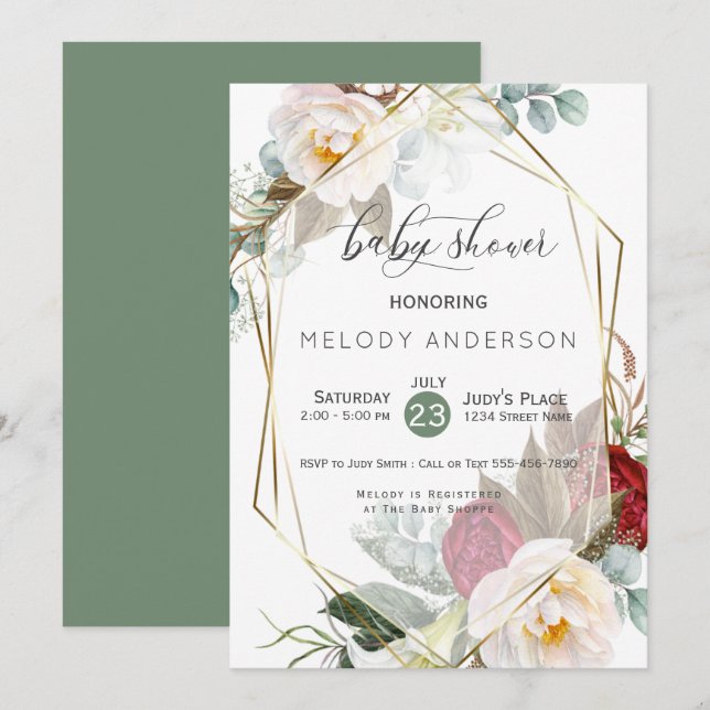 Burgundy Ivory Peonies Botanical Baby Shower Invitation (Front/Back)