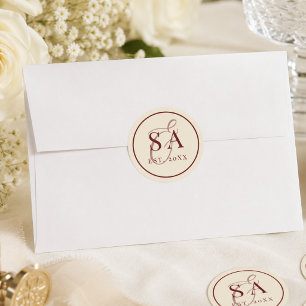 Burgundy Ivory Stripe Monogram Old Money Wedding Classic Round Sticker