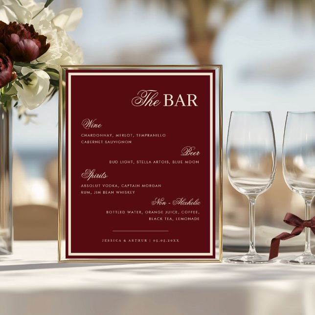 Burgundy & Ivory The Wedding Bar Drink Menu Sign (Creator Uploaded)