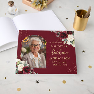 Burgundy Ivory White Floral Memorial Funeral Photo Guest Book