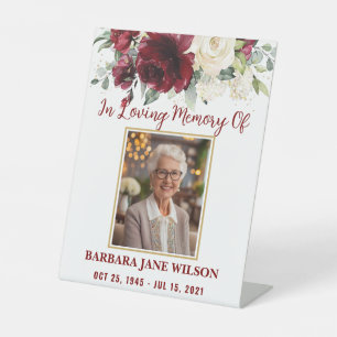 Burgundy Ivory White Floral Photo Funeral Memorial Pedestal Sign