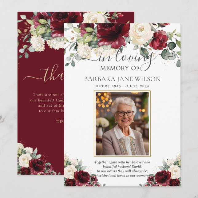 Burgundy Ivory White Floral Photo Funeral Memorial Thank You Card (Front/Back)