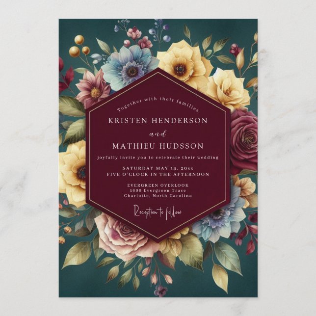Burgundy Jewel Tone Bloom Wedding Invitation (Front)