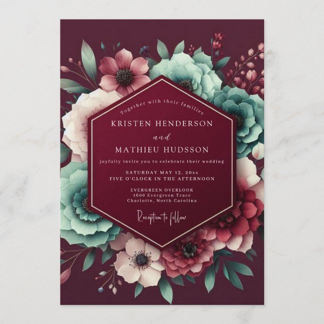 Burgundy Jewel Tone Floral Wedding Invitation (Front)