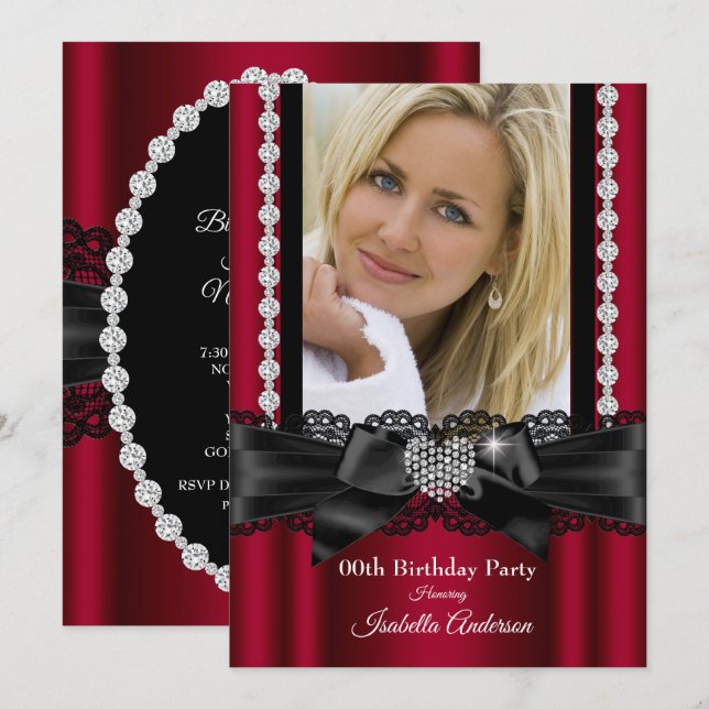 Burgundy Lace Diamond Heart Photo Birthday Party Invitation (Front/Back)