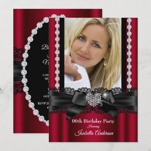 Burgundy Lace Diamond Heart Photo Birthday Party Invitation