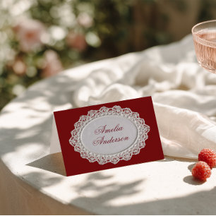 Burgundy Lace Doily Old Money Wedding Place Cards