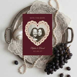 Burgundy Lace Heart Photo Wedding Save the Date
