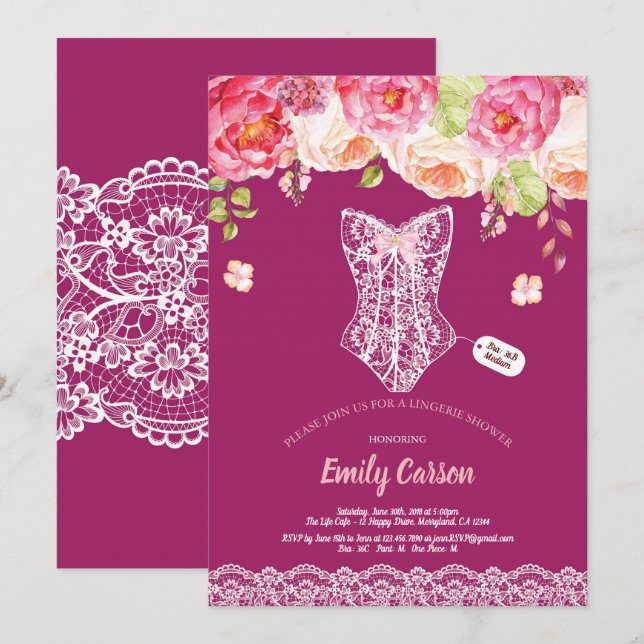 Burgundy lace lingerie shower bridal party invitation (Front/Back)