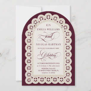 Burgundy Lace Monogram Old Money Wedding Invitation