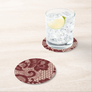 Burgundy Lace Pattern Round Drink Coasters