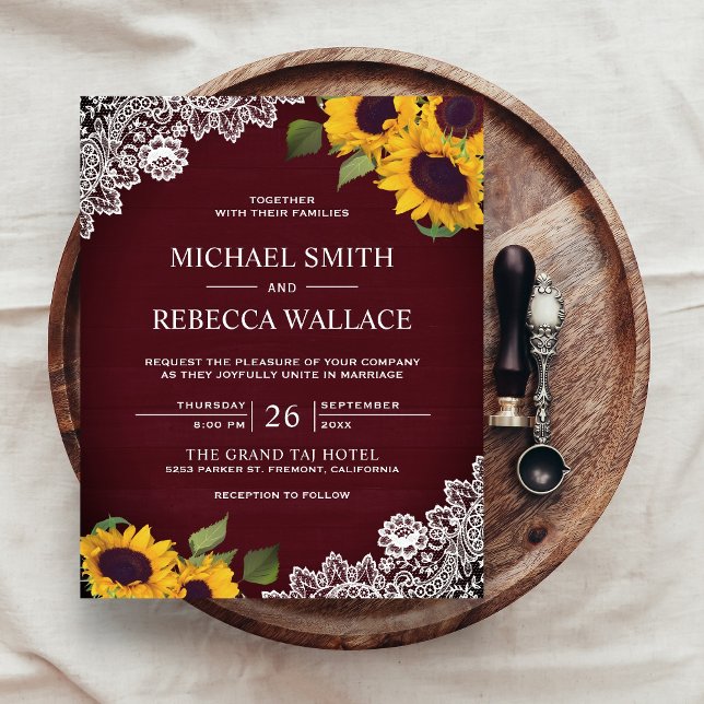 Burgundy Lace Sunflower Budget Wedding Invitation (Creator Uploaded)