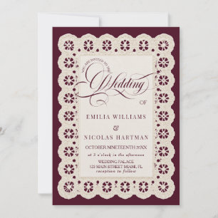 Burgundy Lace Vintage All In One Wedding Invitation