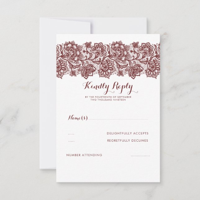 Burgundy Lace Wedding RSVP Card (Front)