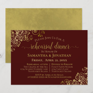 Burgundy & Lacy Gold Wedding Rehearsal & Dinner Invitation