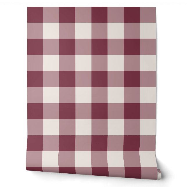 Burgundy Large Gingham Check Plaid Wallpaper (Unrolling)