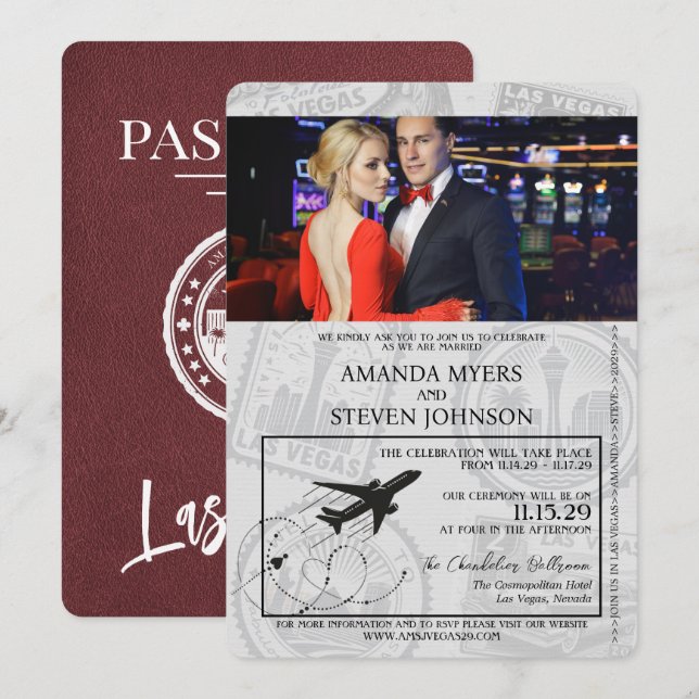 Burgundy Las Vegas Passport Wedding Invitation (Front/Back)