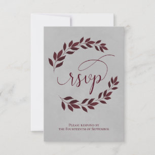 Burgundy Laurel Leaves on Grey Elegant Wedding RSVP Card