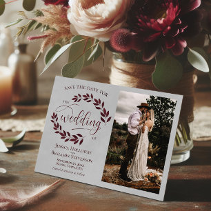 Burgundy Laurel Leaves & Photo Rustic Grey Wedding Save The Date