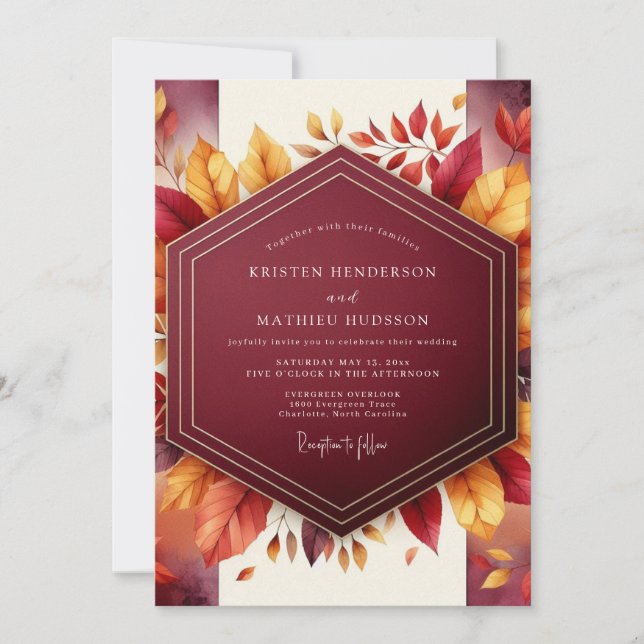 Burgundy Leaf Romance Wedding Invitation (Front)