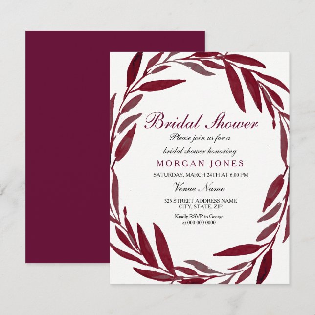 Burgundy Leaf Wreath Bridal Shower Invitation (Front/Back)