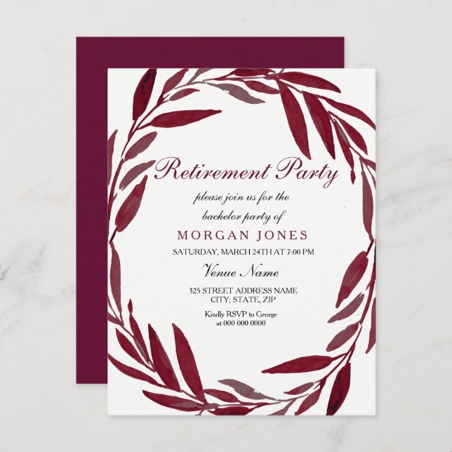 Burgundy Leaf Wreath Retirement Party Invite (Front/Back)